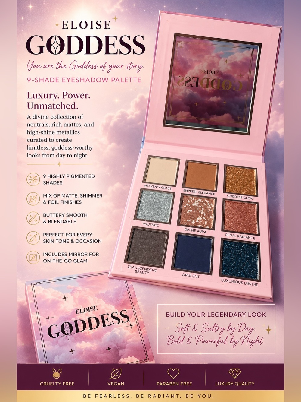 Eloise Beauty Goddess 9 Shade Eyeshadow Palette | Matte Shimmer Foil | Vegan NIB